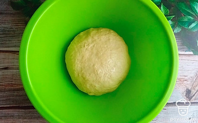 Смазать растительным маслом чашку, положить тесто, накрыть пленкой и поставить в теплое место для брожения. 