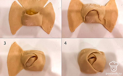 Делаем розочки, как на фото. Поочередно накрыть «лепестками» начинку, слегка прижимая уголки «лепестков», чтоб они прилипли к остальному тесту.
