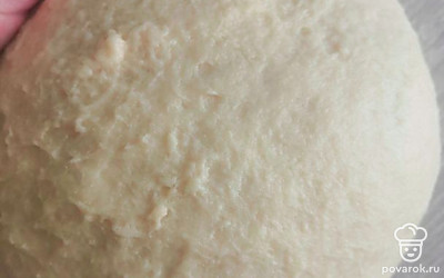 Вот такой симпатичный колобок получится. Припыляем миску мукой, кладём тесто, накрываем пищевой плёнкой и ставим подходить примерно на час. 