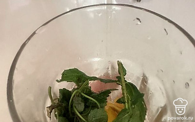 Мелиссу высыпаем в стакан, кладем веточку мяты.