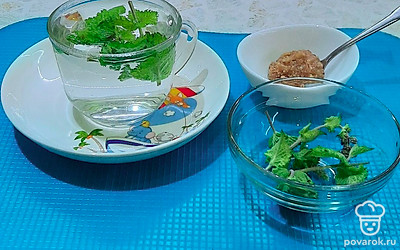 В кружку переложить нарезанную мяту, залить кипятком.