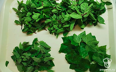 Хорошо промыть травы. Количество и пропорции мяты, мелиссы и смородинового листа могут быть любые на ваше усмотрение. У меня всегда мята на первом месте. 