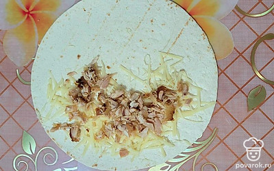 Куриное мясо мелко нарезать, выложить на сыр.