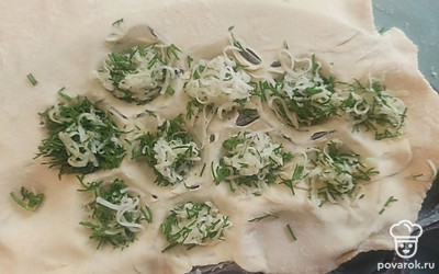 Выложить тесто на пельменницу, начинить. 