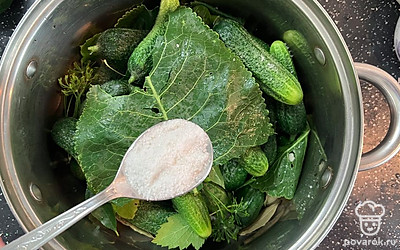 Засыпать в кастрюлю соль и сахар. Залить холодной водой и оставить в прохладном месте на одни сутки.