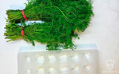Положите пучки укропа на стол. Также положите пластину со льдом на стол.