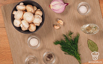 Грибы промойте и обсушите. Лук очистите и нарежьте полукольцами. Чеснок очистите от шелухи и пропустите через пресс. Укроп вымойте, обсушите и мелко порубите.