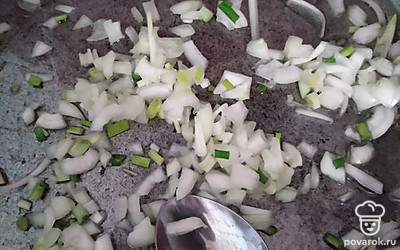 Лук нарезать кубиками, выложить на подогретую сковородку и обжарить.