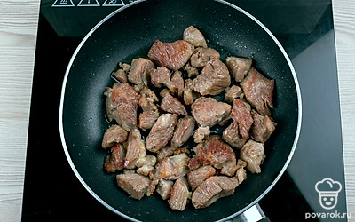 Сковороду поставьте на огонь, налейте масла и положите мясо. Мясо жарьте до готовности, за 5 минут до готовности посолите.