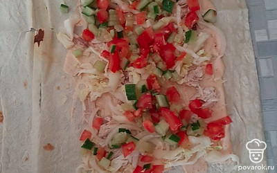 Далее выкладываем на лаваш овощи и мясо.