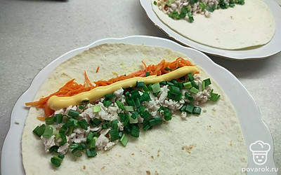 На каждую лепешку выложите начинку: корейскую морковь, зеленый лук, куриное филе и сырный соус. 