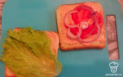 Разложите дольки помидора и красного лука.