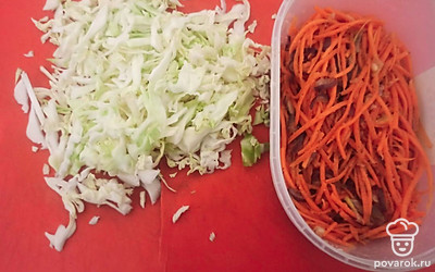 Капусту мелко нашинкуйте, соедините с морковью по-корейски.