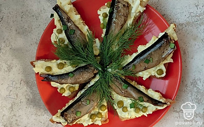 Выложите на хлеб шпроты, горошек, мелко нарезанный зеленый лук и укроп.
Бутерброды готовы. Приятного аппетита!