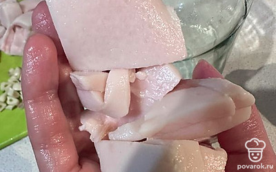 Нарезаем сало на мелкие кусочки и выкладываем в банку.