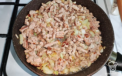 На растительном масле обжарьте мясной фарш вместе с мелко нарезанным репчатым луком. Посолите по вкусу, томите до полной готовности.