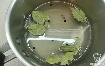 Воду использовать фильтрованную или кипяченую. Подогреть до 40 градусов и растворить в воде соль. Добавить лавровый лист и перец горошком.