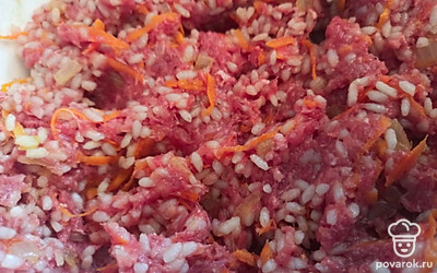 Рис отварить до полуготовности (примерно 10 минут). Морковь и лук почистить, мелко нарезать и обжарить на растительном масле. Перемешать все вместе с фаршем и посолить.