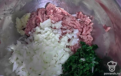 Фарш перемешиваем с нарезанным луком и зеленью.