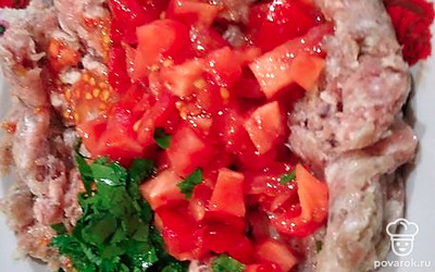 Фарш смешать с нарезанными помидорами, 50 граммами тертого сыра, нарезанной петрушкой.