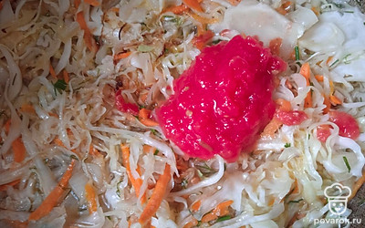 Капусту нашинкуйте. Морковь натрите на терке. Нарежьте лук и укроп. Добавьте измельченный помидор, соль, растительное масло и воду. Тушите под крышкой 15 минут. 