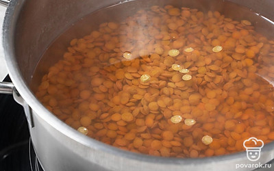 Выложите чечевицу в кастрюлю, залейте водой и посолите. Добавьте кардамон. Варите чечевицу около 40 минут до полной готовности.