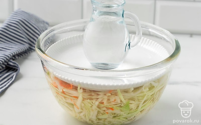 Прижмите капусту плоской тарелкой. Поставьте на нее груз. Оставьте на 6 часов.