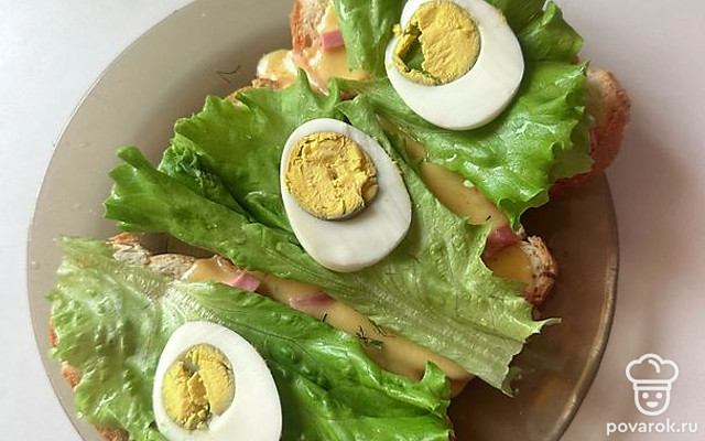 Бутерброд-тянучка с сыром, яйцом, колбасой и листом салата — Рецепт с фото