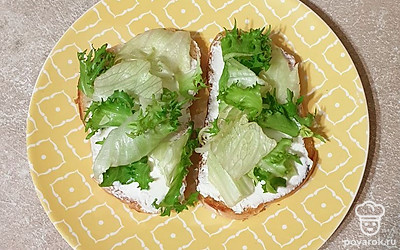 Кусочки хлеба выложите на тарелку и намажьте творожным сыром. Сверху выложите салатные листья.