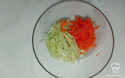 Смешайте в миске нашинкованную ножом капусту и натертую на терке морковь. Посолите и тщательно перемешайте.