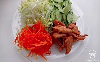 Капусту шинкуем тонко, огурцы нарезаем полосками, мясо поджариваем на небольшом количестве масла.