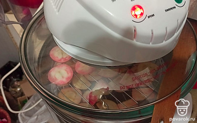 Разложите яблоки на противне и поставьте на 50 минут в сушилку на температуру 100 градусов. 