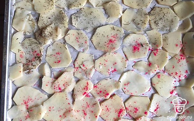 На противень положить лист пергамента, выложить в один слой картофельные пластинки, посолить, сбрызнуть маслом, добавить паприку, укроп.