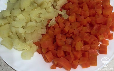 Морковь и картошку очистить от кожуры и мелко нарезать.