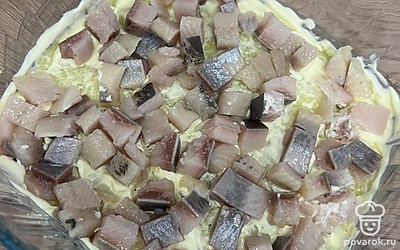 Смажьте майонезом, сверху выложите сельдь.