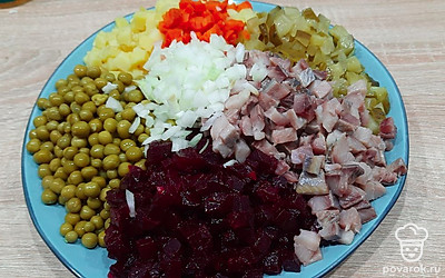 Отваренные овощи, маринованные огурцы, лук нашинковать мелким кубиком. Филе сельди также нарезать кубиком и добавить консервированной зеленый горошек.
