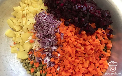 Добавьте измельченную отварную очищенную свеклу. Приправьте солью по вкусу и маслом подсолнечным нерафинированным. Хорошо перемешайте.