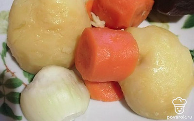 Отварить картофель, морковь, свеклу до готовности. 