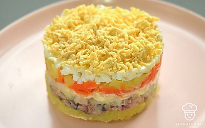 Салат «Мимоза» с рыбными консервами соберите слоями. Первый слой – половина натертого картофеля и немного соли. Второй слой – рыбные консервы. Третий слой – измельченный лук и майонез. Четвертый слой – натертая морковь. Пятый слой – оставшийся картофель и немного соли. Шестой слой – натертые белки и майонез. Последний слой – мелко натертые желтки. Дайте салату пропитаться в холодильнике, а затем подавайте его к столу.