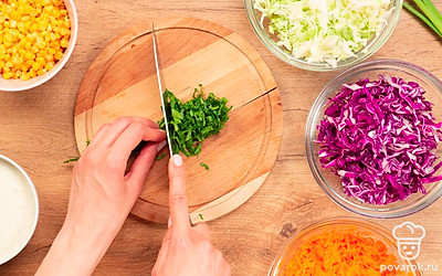 Порежьте овощи. Тонко нашинкуйте оба вида капусты, немного посолите и помните руками. Зелень петрушки порежьте. Сложите капусту и зелень в глубокую миску. Морковь натрите на мелкой терке. Положите в миску.