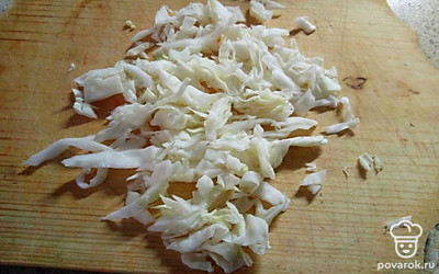 Капусту тонко нашинкуйте. Посолите и немного помните руками, до выделения сока. 